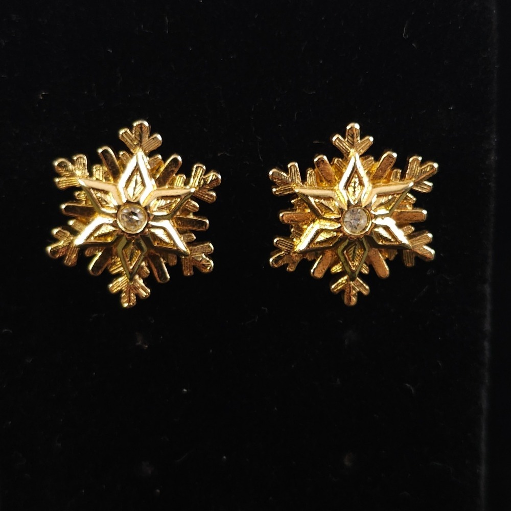 vintage costume‎ jewelry earrings pierced - gold-tone snowflake rhinestone